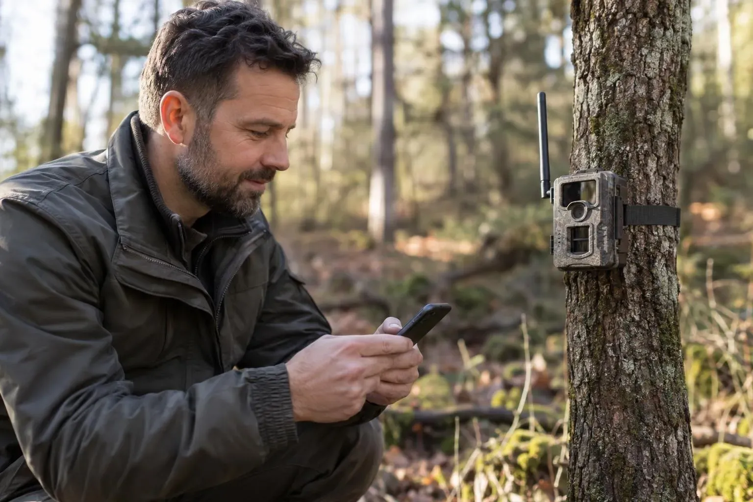 Wildkamera mit Mobilfunk an einem Baum, daneben ein Mann mit Handy